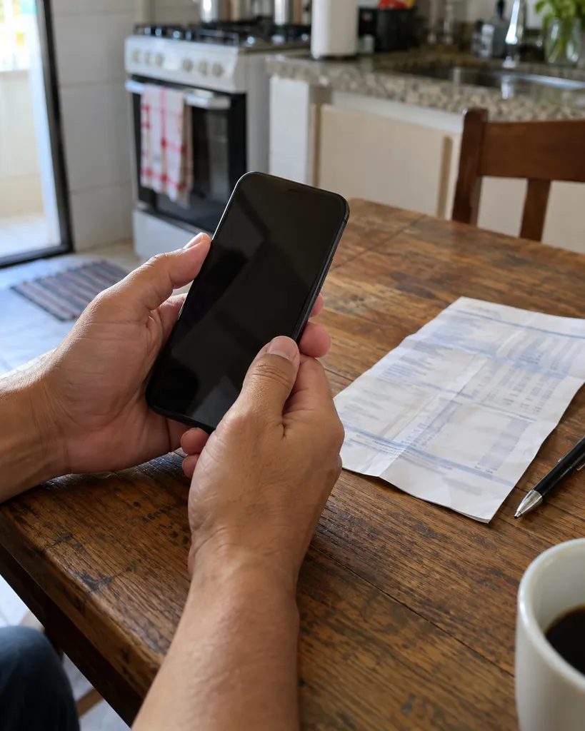 Mãos segurando um celular sobre a mesa da cozinha, ao lado de uma fatura impressa e de uma xícara de café