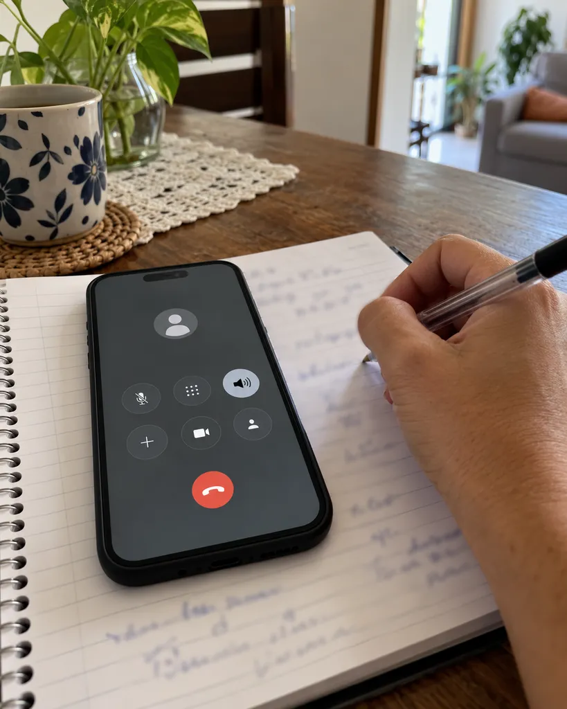 Celular em ligação no viva-voz sobre um caderno, enquanto uma mão anota o atendimento