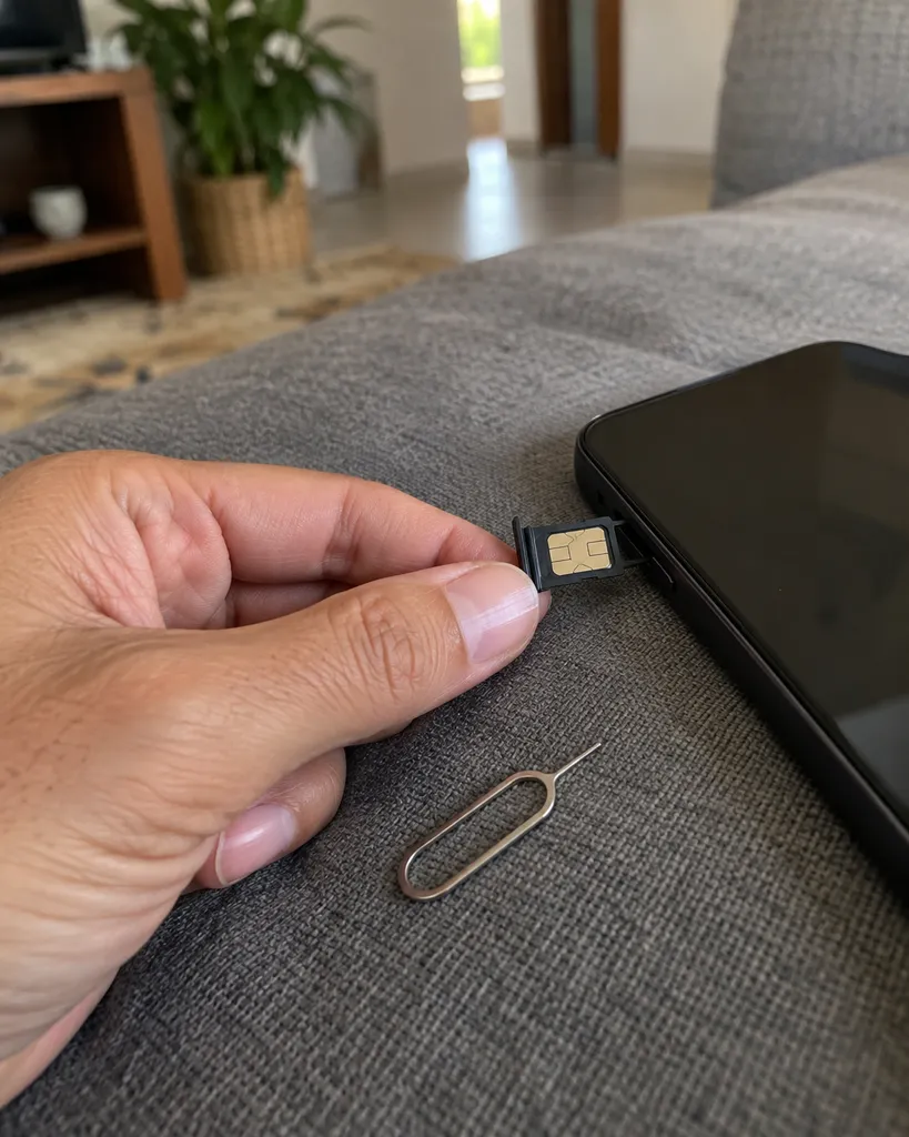 Mão segurando a gaveta do chip retirada de um celular, com a ferramenta de ejetar sobre o sofá